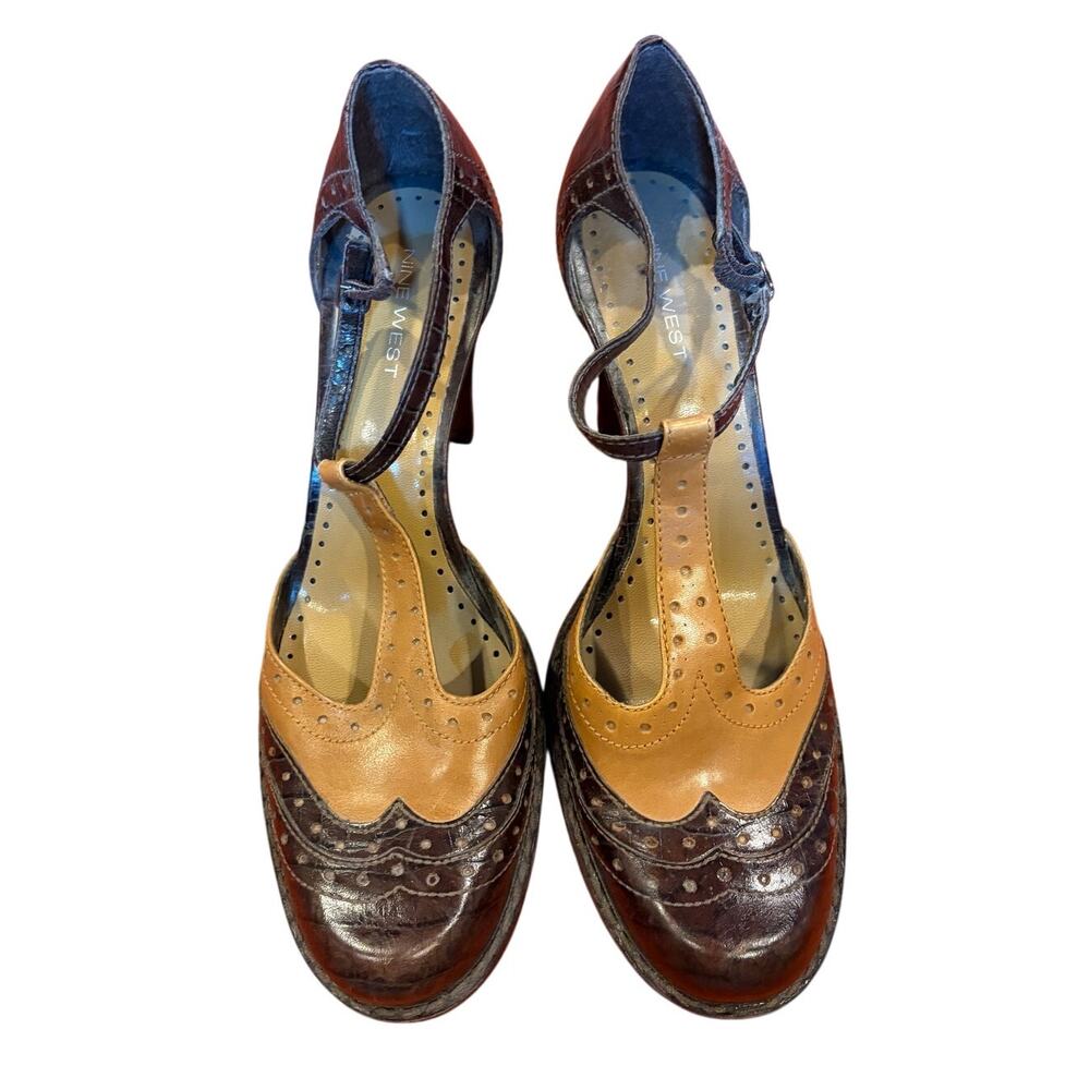 NINE WEST Women's T-Strap Spectator Wingtip Block Heels Brown 9.5 Vintage Y2K - Picture 2 of 10